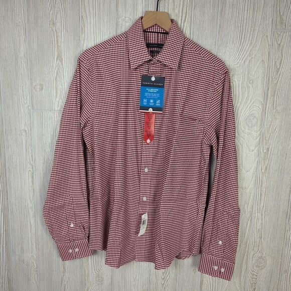 NWT Tommy Hilfiger Men’s All-Season Stretch Dress Shirt Red Cream Checker Size M - Picture 1 of 6